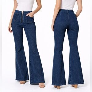Honey Punch Dark Wash Flare Jeans Front Zipper Large Bell bottom hippie chic